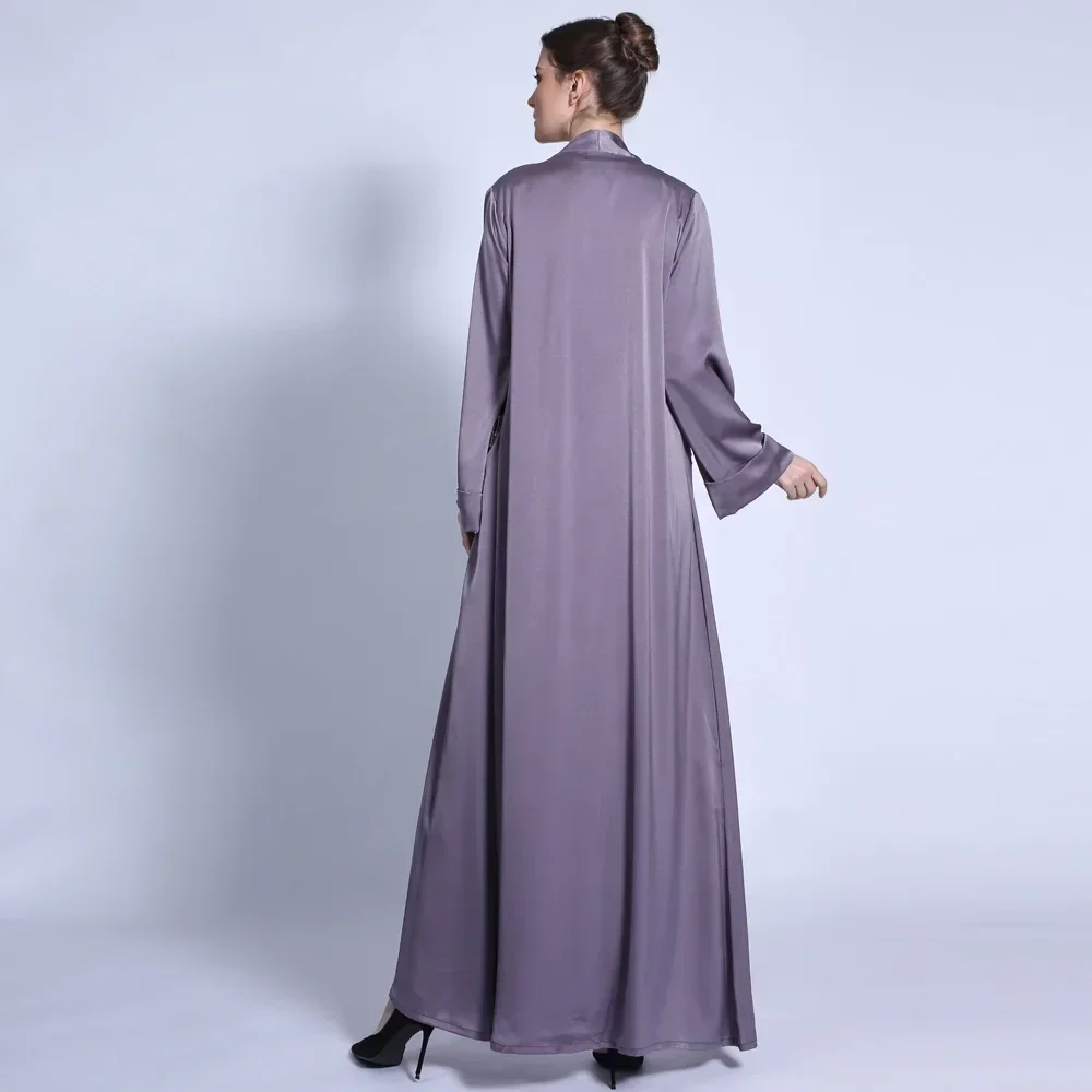 Robe à lacets pour femmes, couleur unie, poignets larges, pompon, poche en diamant, vêtements islamiques, dubaï, Robe saoudienne, Cardigan en Satin, Abaya musulmane
