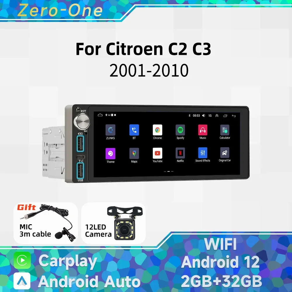 

Carplay 6.86" Screen 1 Din Radio Android Car Multimedia for Citroen C2 C3 2001-2010 Stereo Head Unit Autoradio GPS Navigation