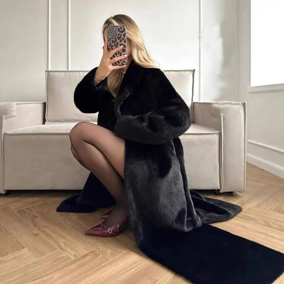 

Faux Fur Long Coats Women Jackets Overcoats Lace Up Turn Down Collar Full Sleeve Open Stitch Thick Loose Y2k 2025 Autumn Winter