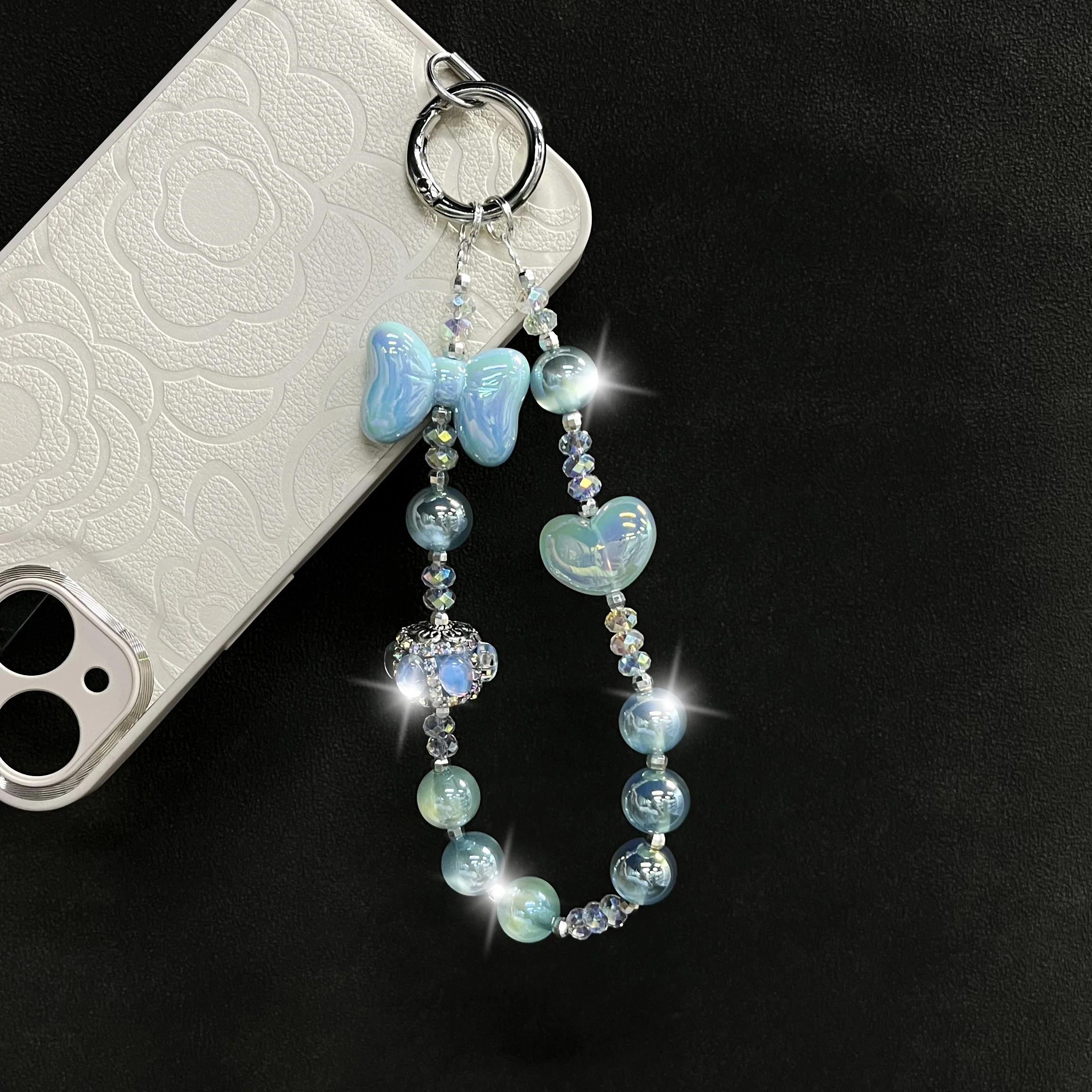 Lake blue translucent sparkling round bead mobile phone chain mobile phone accessories phone charms phone strap Gift for her