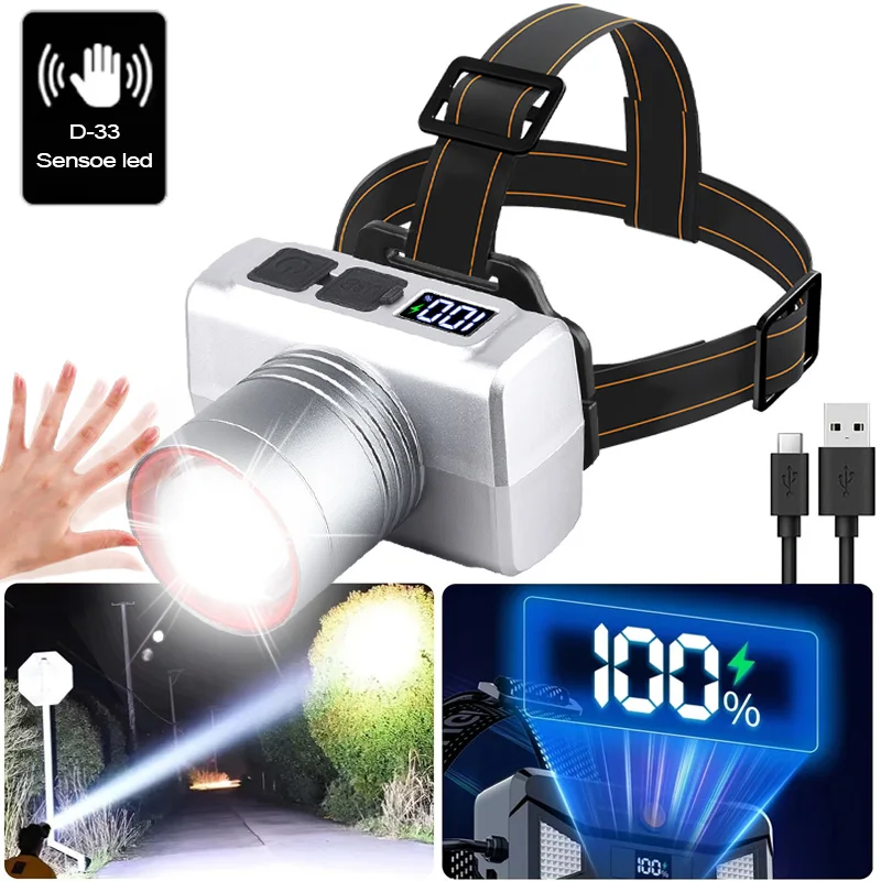 

Индукционный светодиодный налобный фонарь высокой мощности, перезаряжаемый яркий фонарик USB-C, мощный налобный фонарь для ночной рыбалки, охоты, экстренной помощи