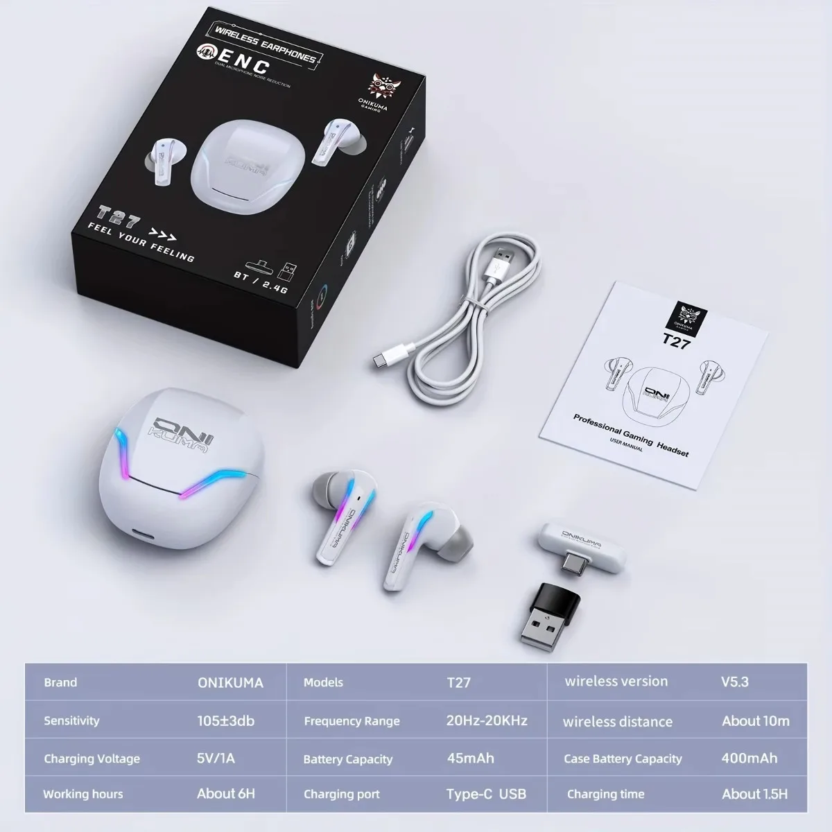 ONIKUMA T27 Dual-mode Wireless Earbuds with Touch Control 2.4Ghz Low Latency Stereo Bluetooth Headset Independent Connection