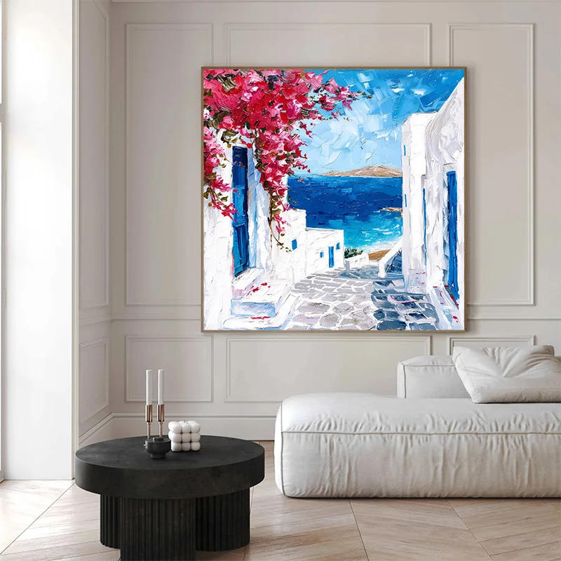 Mediterranean Seaside Village Santorini Greece Blue Dome Poster  Canvas Painting Print Wall Art Picture Home  Cuadros