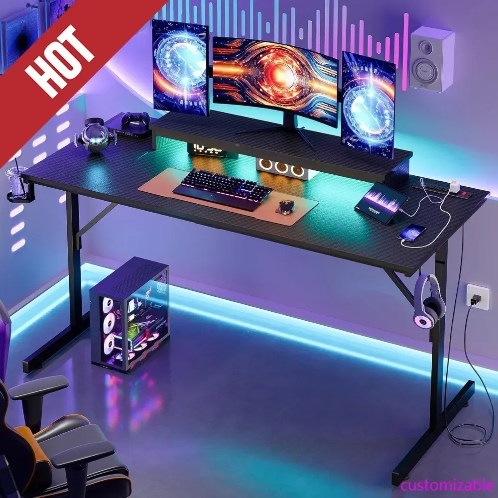 

HOT-52 Inch Gaming Desk With Power Outlets And USB Charging Ports, Sturdy Computer Desk With LED Lights And Monitor Stand, Compu