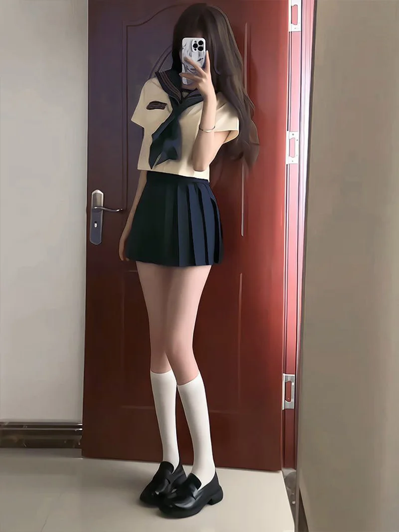 Studente Union JK Uniforme Cosplay Abito da marinaio Gonna a pieghe Top a maniche lunghe Colletto blu scuro Papillon Abito stile college coreano giapponese