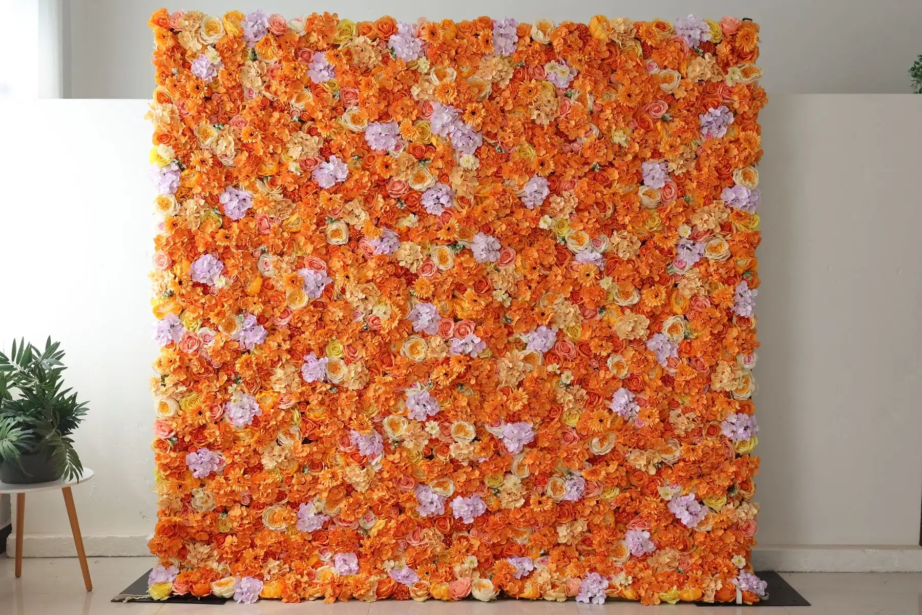 

Mixed Flower series Orange and White Rose Peony pompoms 3D rolled fabric wall wedding background Milan Turf fabric plant props