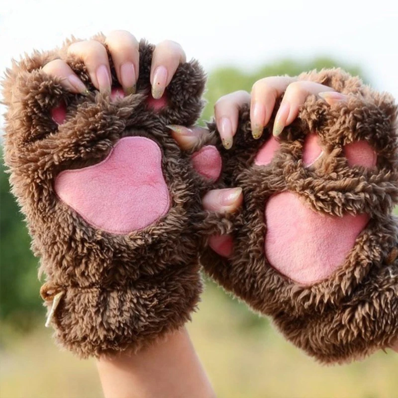 여성용 귀여운 고양이 발톱 발 플러시 벙어리 장갑, 따뜻하고 부드러운 플러시 짧은 손가락없는 푹신한 곰 고양이 장갑 의상, 반 손가락 파티 선물