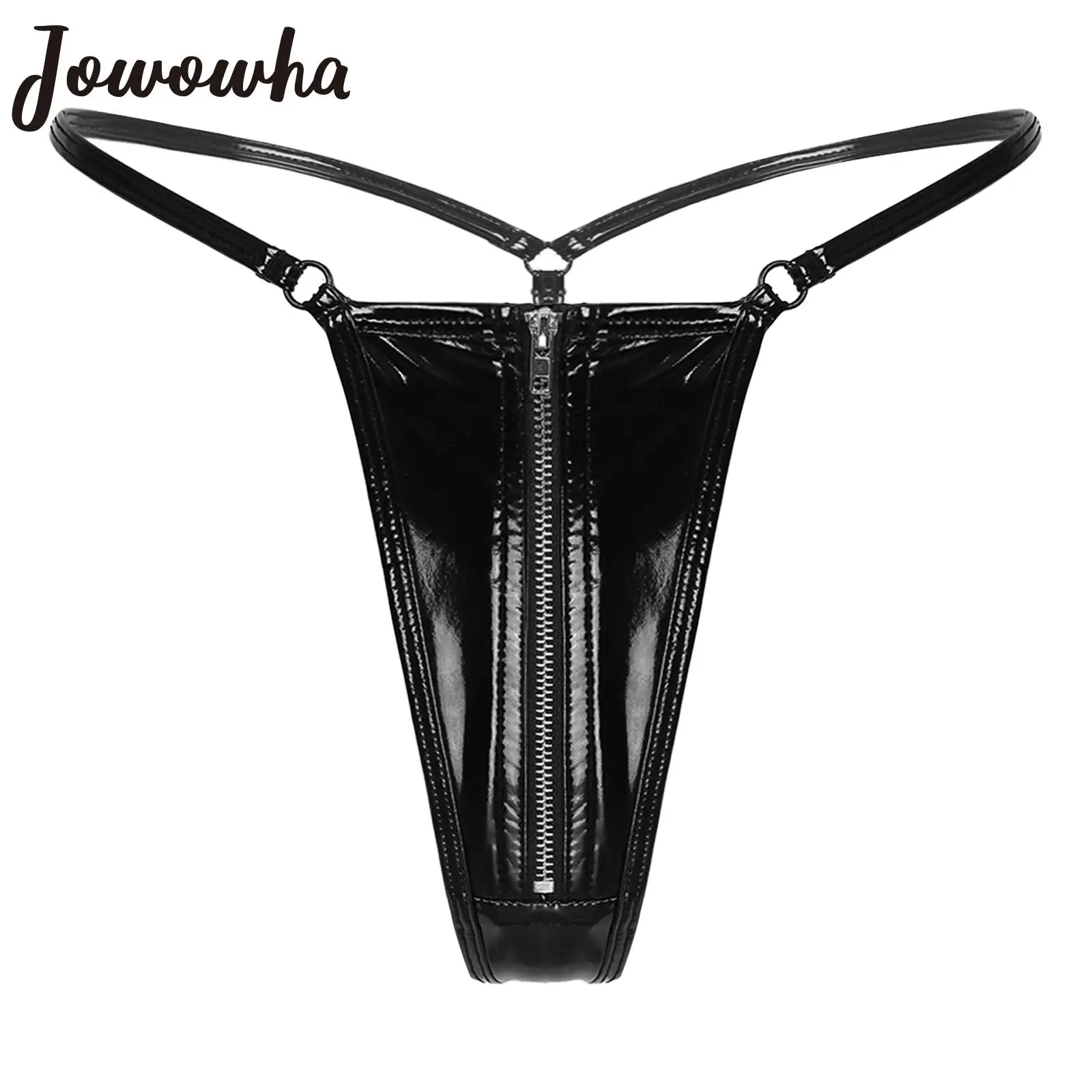 Womens Latex Patent Leather Lingerie Underwear Wetlook Zipper Crotch T-back G-string Thongs Glossy Low Waist Open Butt Briefs