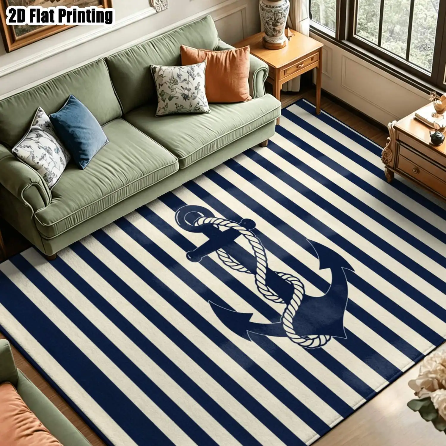 1Pc 2D Printed Carpet: Blue & White Striped Boat Anchor, Nordic/Instagram/Modern Minimalist/Vintage Geometric Style, Multi-Size, Machine Washable, Suitable for Entrance/Dining Room/Foyer/Bedroom/Living Room Home Decor Floor Mat