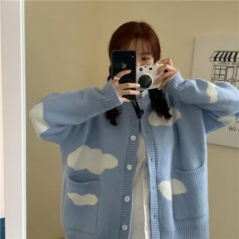 Korean Sweet Blue Sky Cloud Y2k Cardigan Women Preppy Style Loose Knitted Sweaters Coats O Neck Fashion Pockets Pull Femme