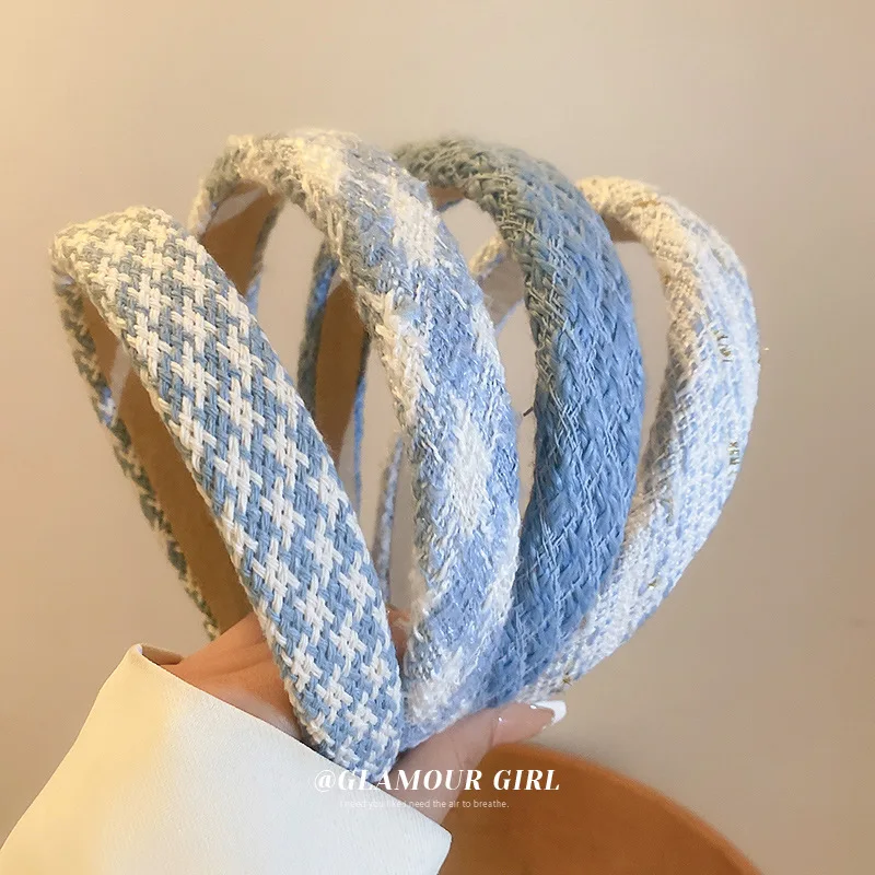 Gentle Blue Milk White Woolen Winter Hair Accessories Girl Headband Boutique Handmade Woven Denim Blue Stripe Women\'s Hair Bands