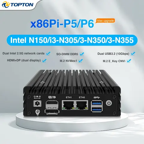 Fanless NAS Mini PC P5 P6 Intel N355 N350 N150 7M.2 NVMe 6SATA Kit DDR5 Dual 2.5G LAN HDMI Firewall Soft Router Micro Computer