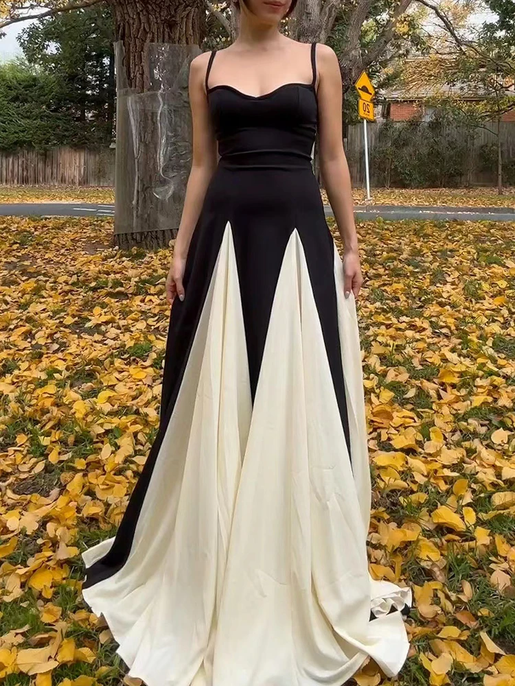 Robe dos nu contrastée noir et blanc de style français, robe longue d'été 2021, taille cintrée et amincissante, grande jupe trapèze
