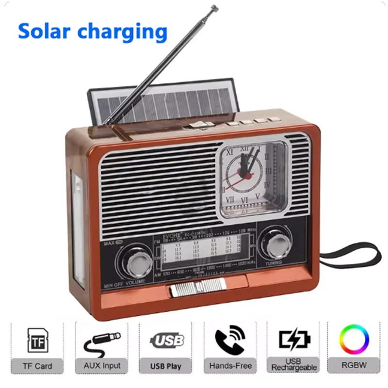 Retro Solar Radio FM AM SW Portable Receiver  MP3 Music Player LED Light torch clock USB TF Card AUX Bluetooth Speaker