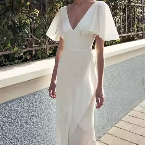 Women'S Satin Pleated V-Neck Evening Dress Floor-Length Pleated Short-Sleeved Dress Formal Occasion Party Ball Dress