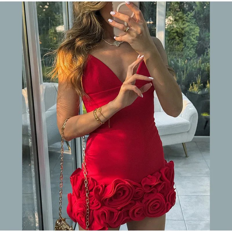 

Temperament Celebrity Style Summer New Fashion Bump Flower Design Pure Desire Feeling Sleeveless Halter Mini Slim Thin Skirt