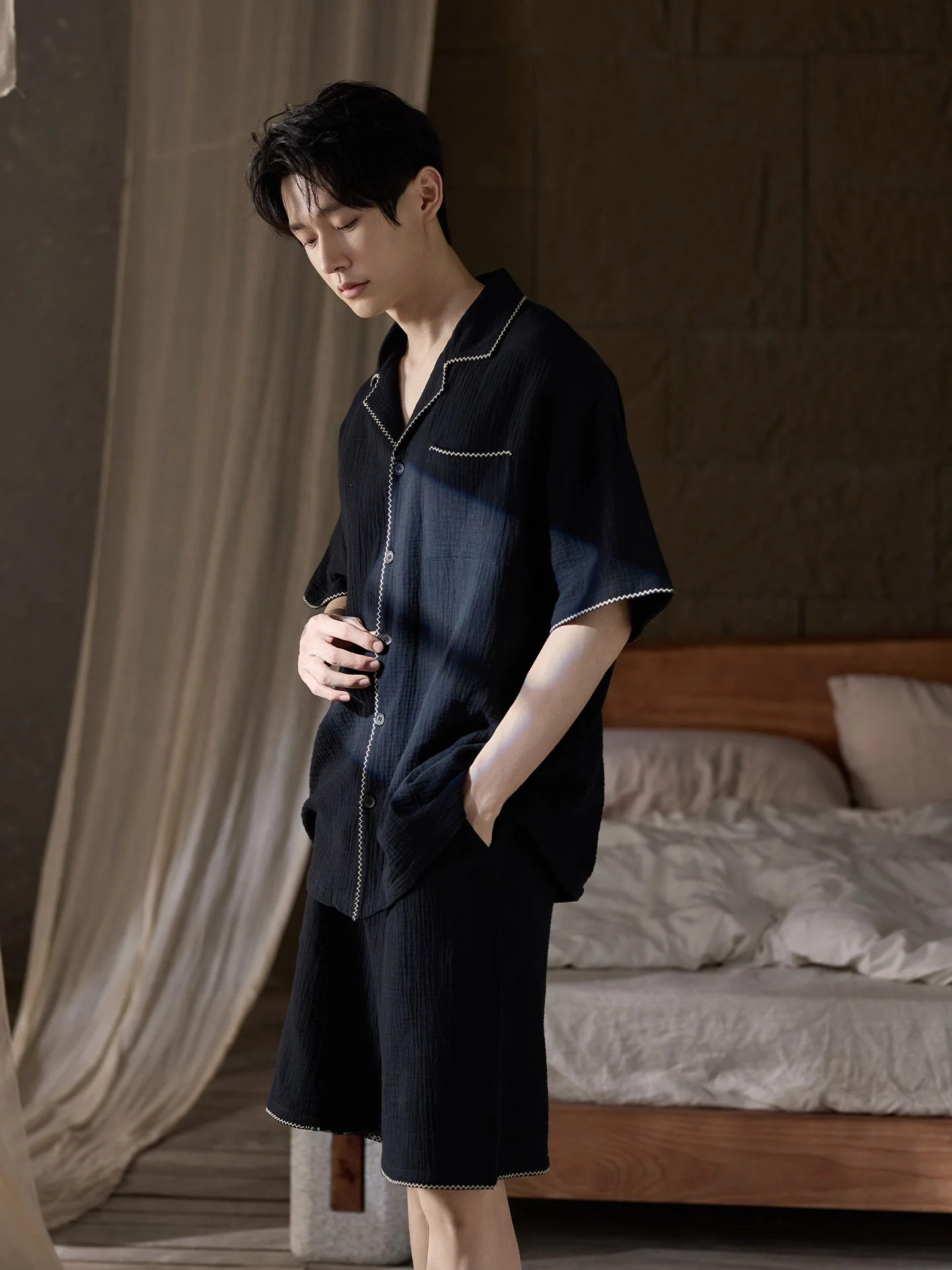 pigiama-in-cotone-nero-da-uomo-estivo-leggero-con-colletto-a-camicia-abbigliamento-per-la-casa-comodo-traspirante-tessuto-morbido-manica-corta