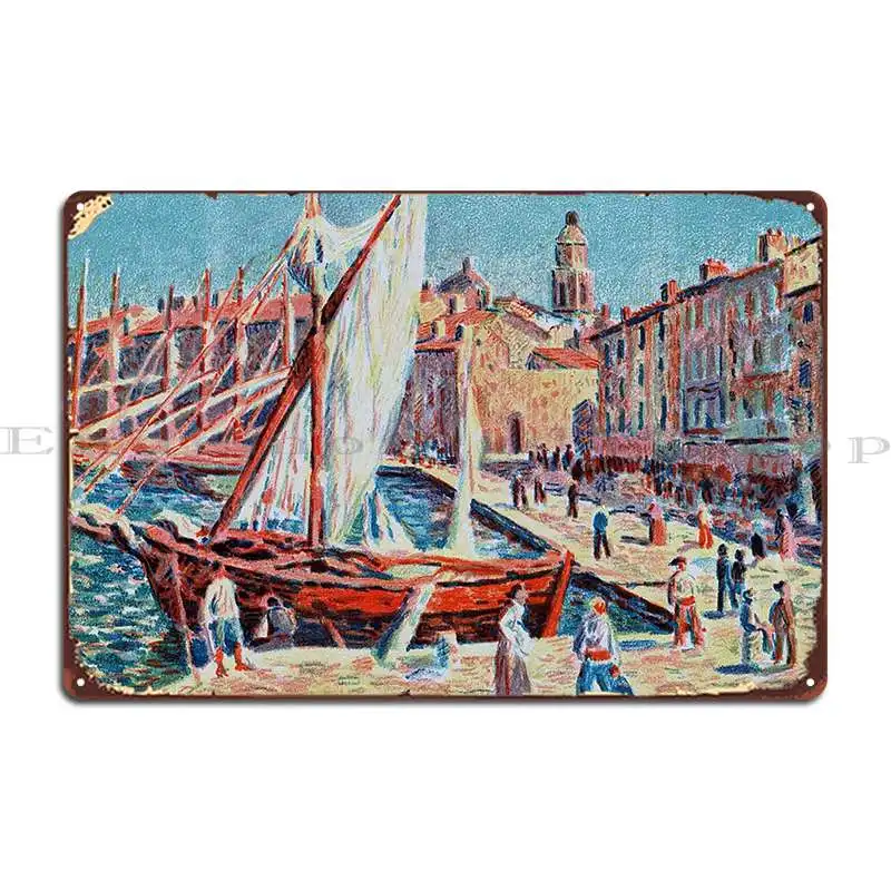 Saint Tropez Waterfront With Sailboat Maximilien Luce 1897 Metal Sign Cinema Decoration Designing Printing Tin Sign Poster