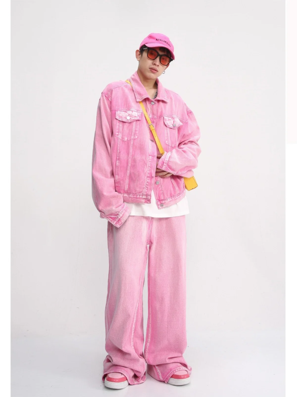 

Ретро-комплект из розового джинсового жакета и прямых джинсов для подростков: повседневный осенний модный ансамбль с длинными рукавами