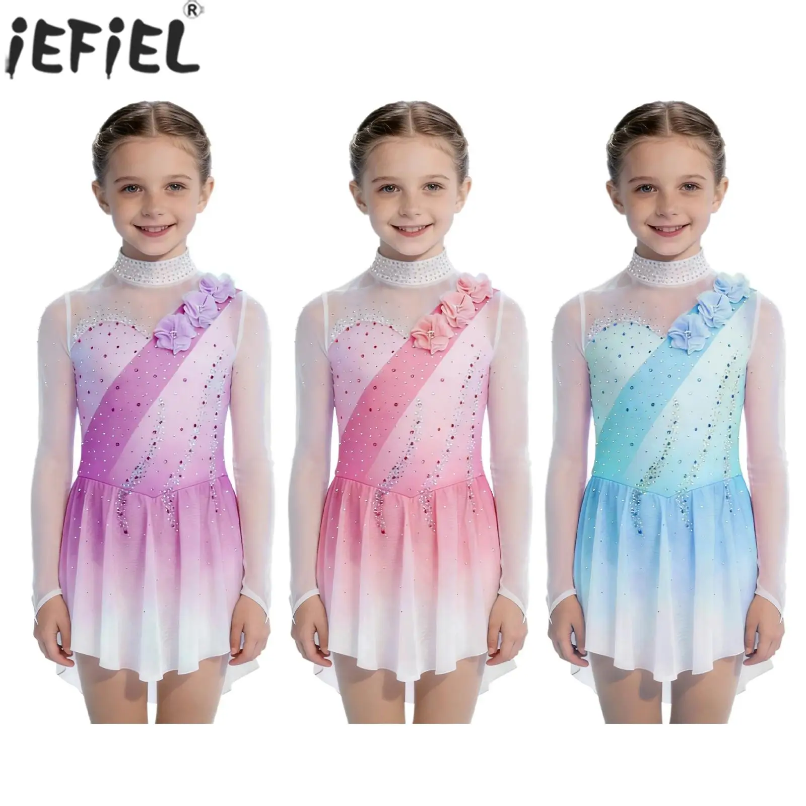 Kids Girls Figure Skating Performance Costume Gymnastics Acrobatics Ballet Dance Dress Sheer Mesh Shiny Rhinestones Leotard Tutu