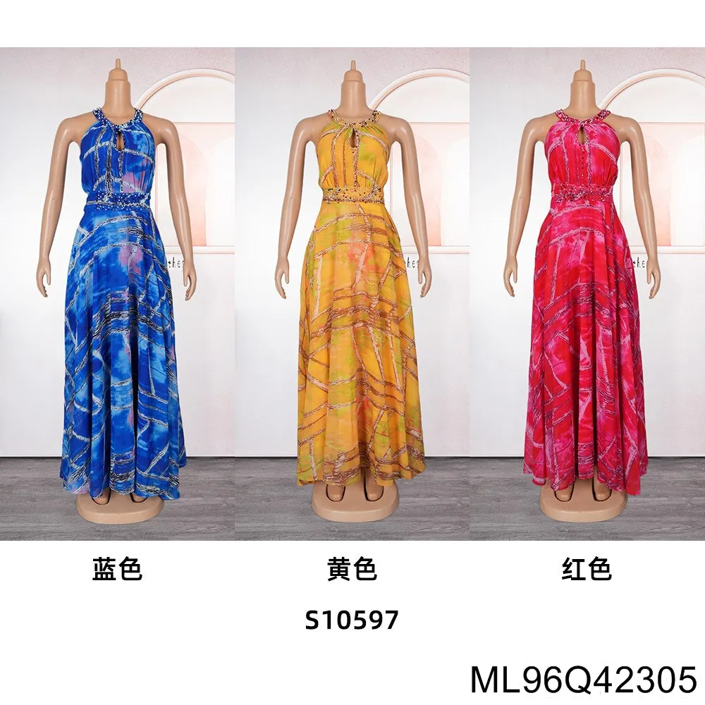 2025 New Plus-size Women's Off-the-shoulder African Dress for Spring and Summer, Printed Beaded Long Dress ML96Q423