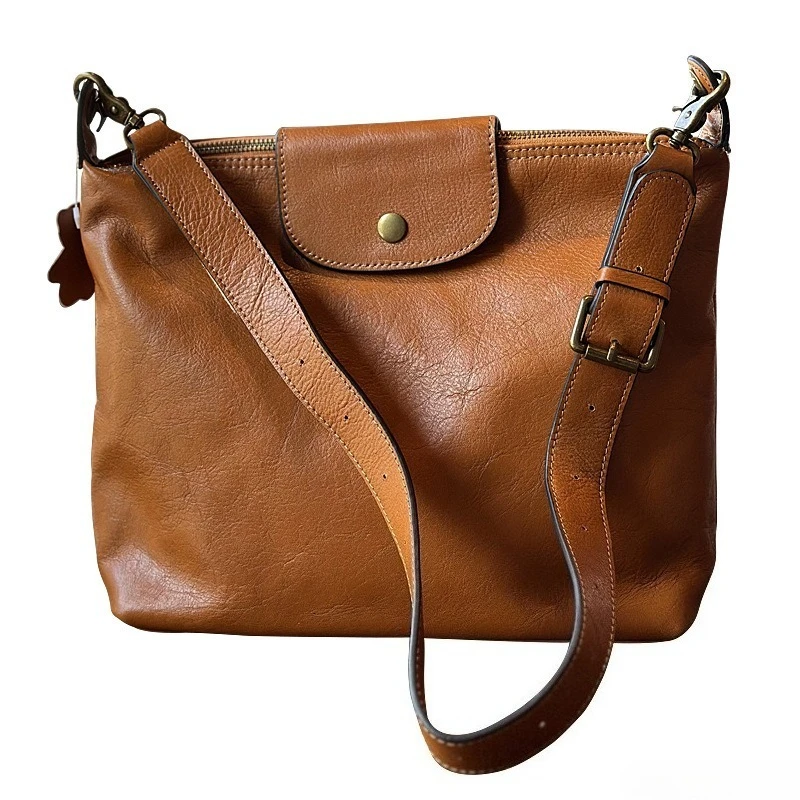 Vintage Everyday Shoulder Bag for Women Genuine Leather Full Grain Leather Vegetable Tanned Luxury Designer Handbag