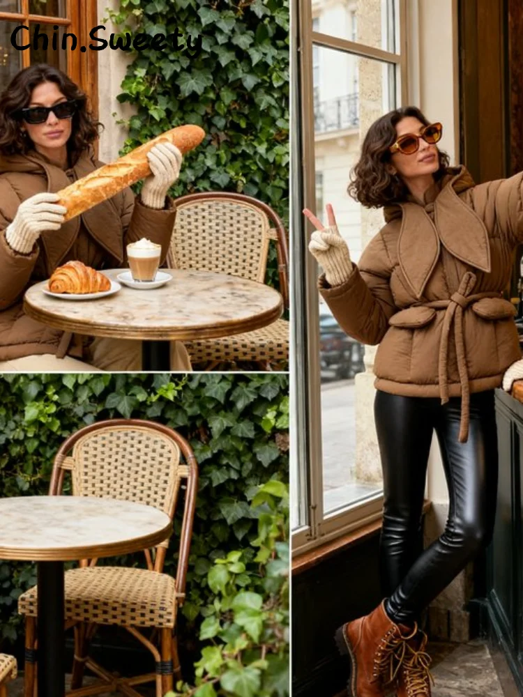 

Теплое хлопковое пальто со съемным капюшоном на шнуровке, женское свободное однотонное пальто с лацканами и длинными рукавами, карманами, куртка 2025 года, зимняя женская шикарная верхняя одежда, новинка