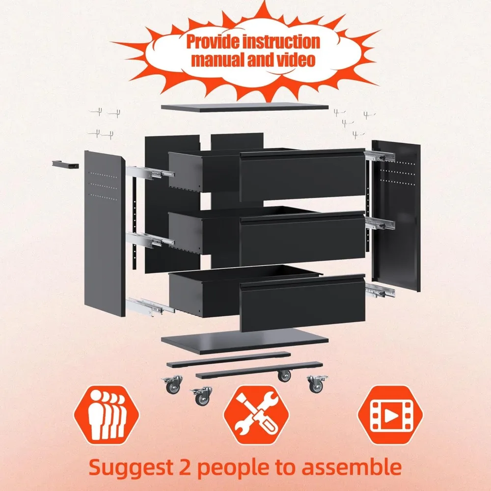 Cómoda de herramientas de metal con ruedas y 3 cajones para almacenamiento, requerida ensamblada, organizador de gabinete de garaje