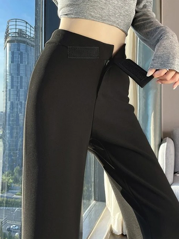 Calças Casuais de Cintura Alta para Mulheres Primavera 2026 Design de Fita Mágica Bla Bell Bot Calças Retas Coreanas