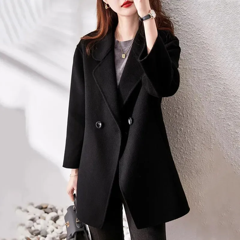 

Coat Women's Spring Autumn Pop Solid Color Woolen Jacket Lapel One Button Pocket Simple All-match Loose Top Female Clothing 061