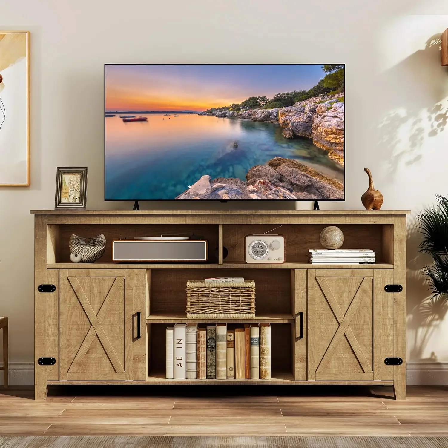 TV Stand Farmhouse Entertainment Center for 65 Inch TV, Rustic TV Console with Storage and Barn Door, Console Table Med