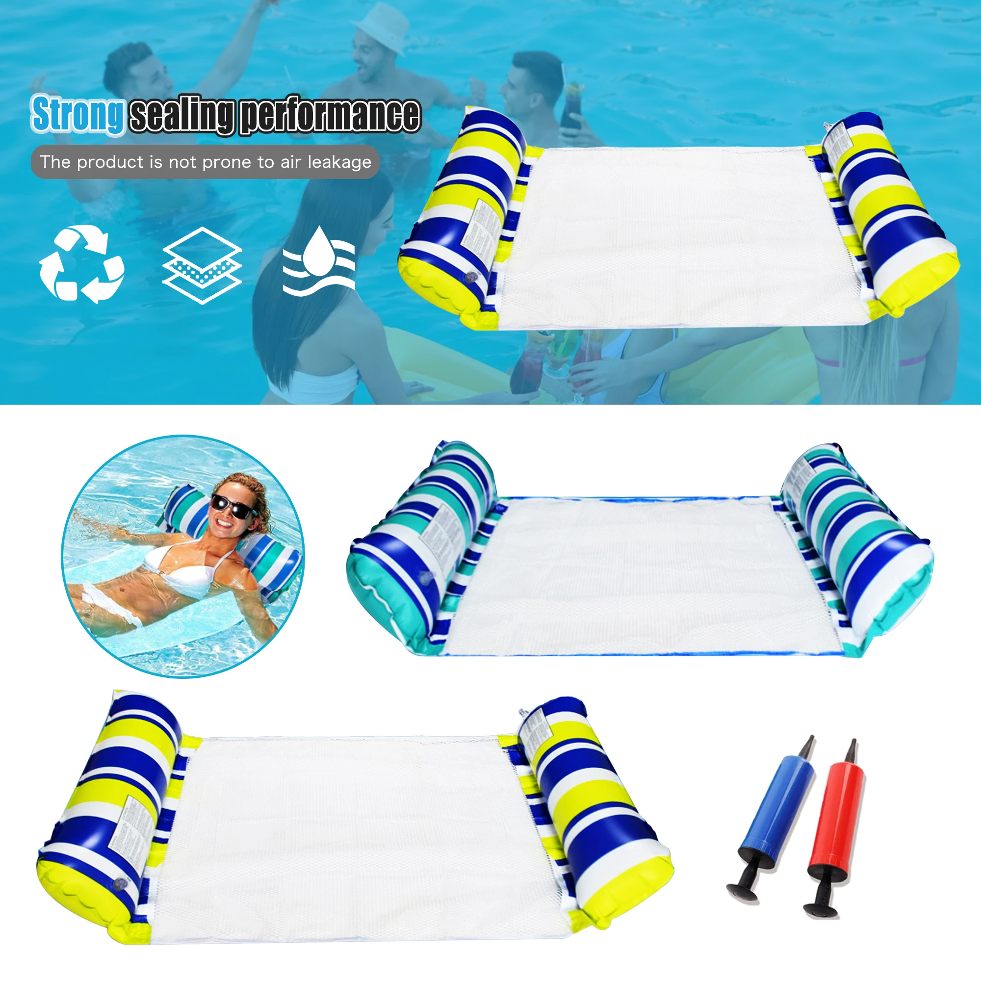 2 Pack Inflatable Floating Hammock, 4 in 1 Adult Pool Float, Inflatable Pool Mattress, with 2 Manual Air Pump, for Beach Party