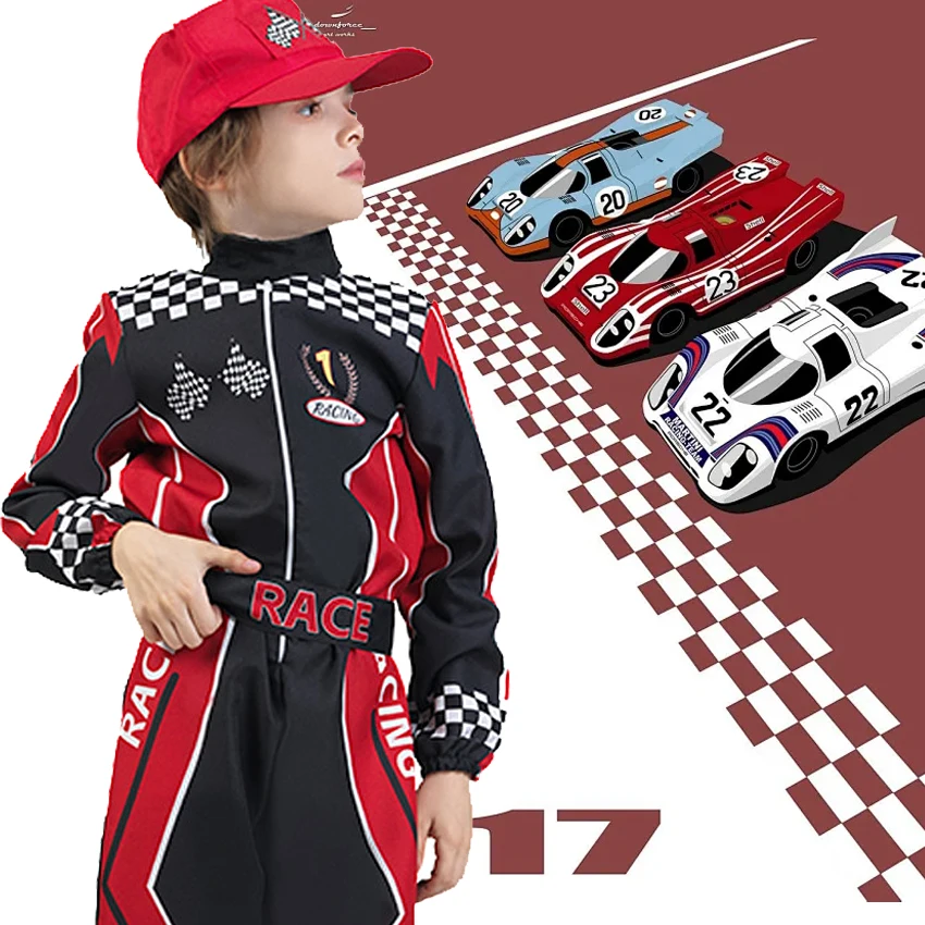 LOlanta 5Pcs Car Racing Costume for Kids Boys Racer Jumpsuit With Cap Career Dress Up Halloween Wear 4-12Years