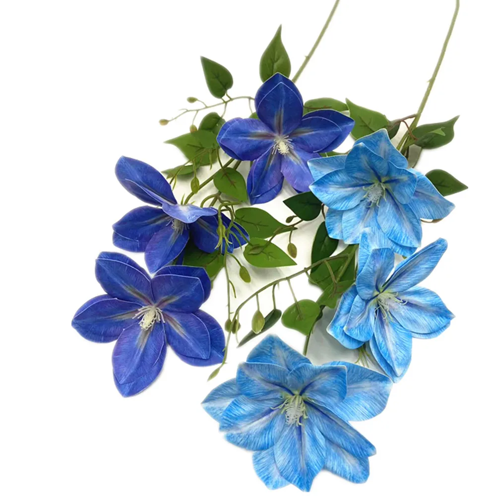 6pcs Artificial Clematis Flower Branch 3 Heads Real Touch Passion Blossom Tree Stem 14cm Heads Faux Big Plastic Flowers