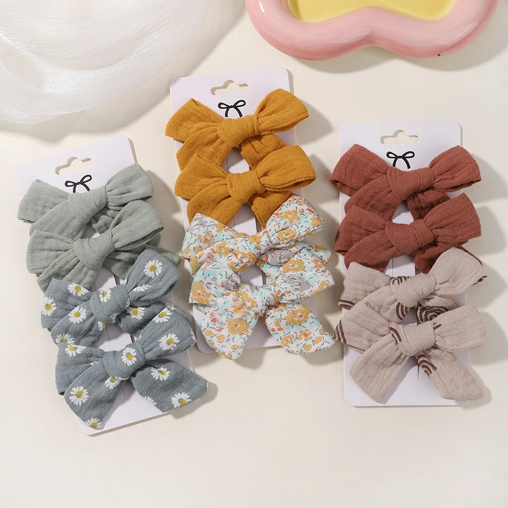 4PCS/Set Baby Bows Hair Clips Muslin Girls Hairpins Hairclip For Kids Cotton Linen Barrette Flower Print Side Pin Accessories