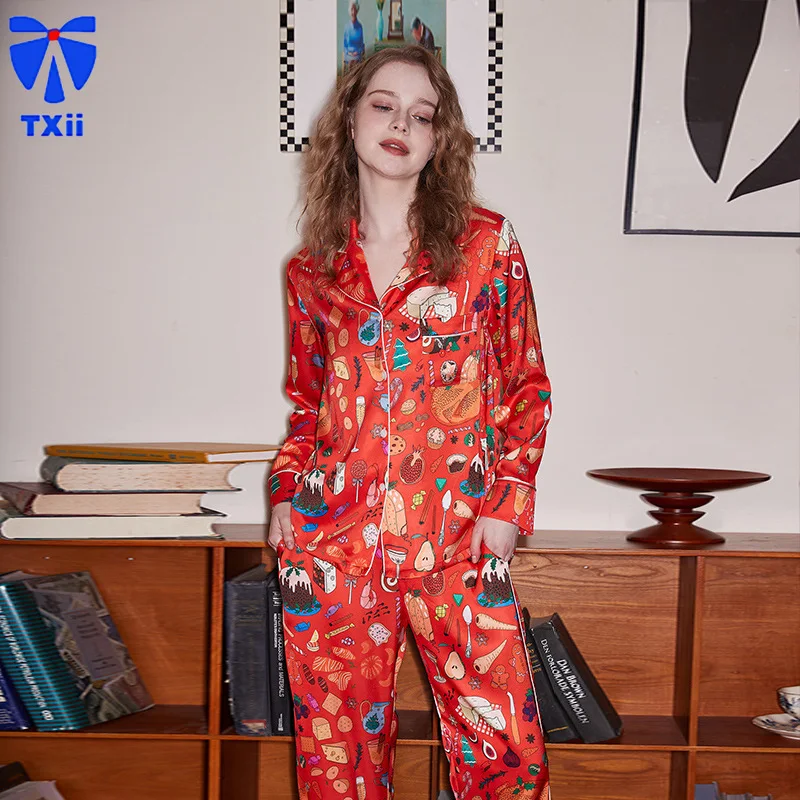 【Orange Dessert】comfortable Ice Silk Pajamas Women High-end Sense ins Style Lapel Spring/Summer Long Sleeve Home Suit 24