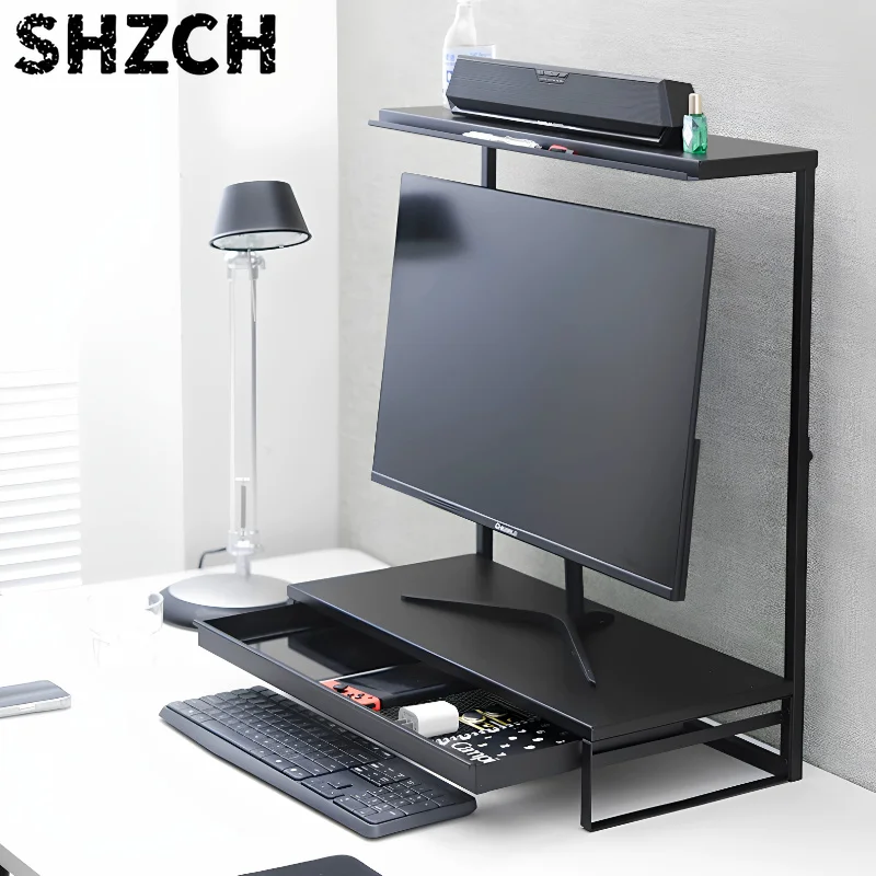 Dual Layer Monitor Riser Stand Desktop Screen Elevator Holder with Drawer Storage Shelf for Office Laptop Workspace Accessories