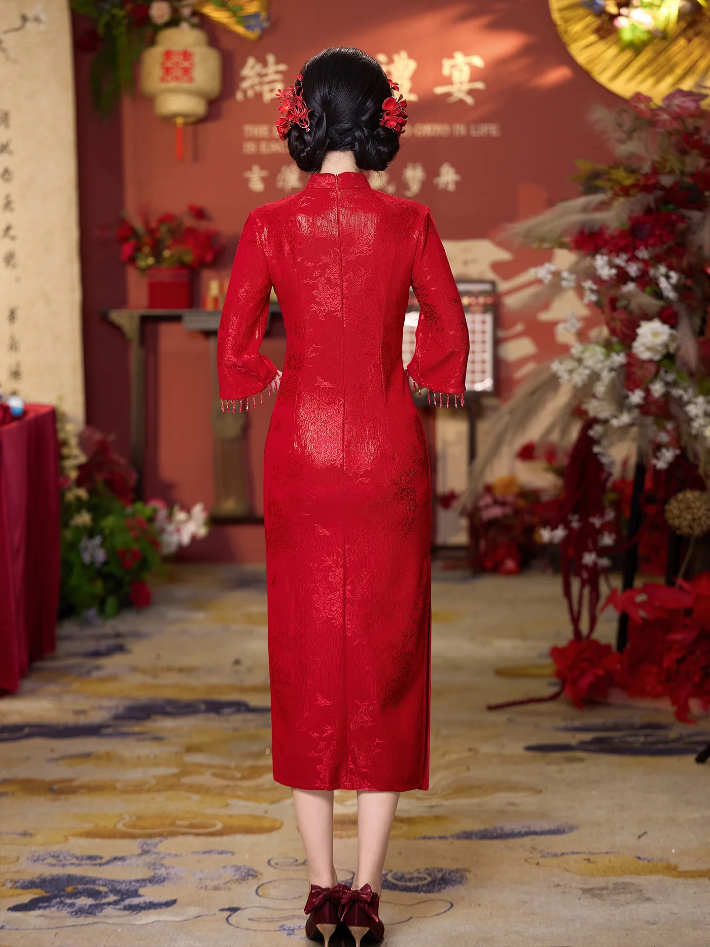 Women Three-quarter Sleeve Chinese Tradition Style Wedding Cheongsam Female Mandarin Collar Lace Qipao Dress