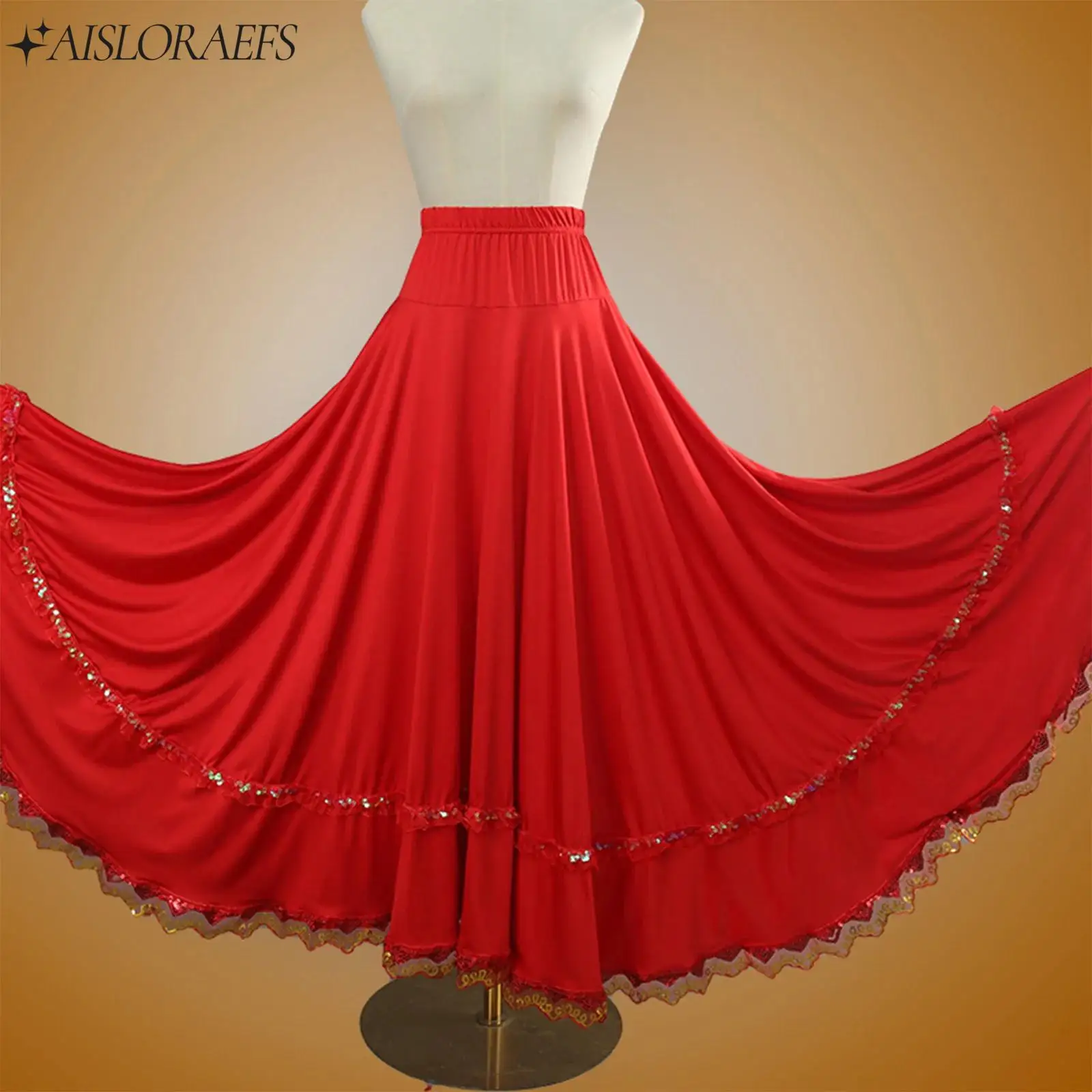 Saias de flamenco espanhol feminino trajes de dança étnica de salão círculo completo saia longa elástica cintura alta babados renda guarnição saia