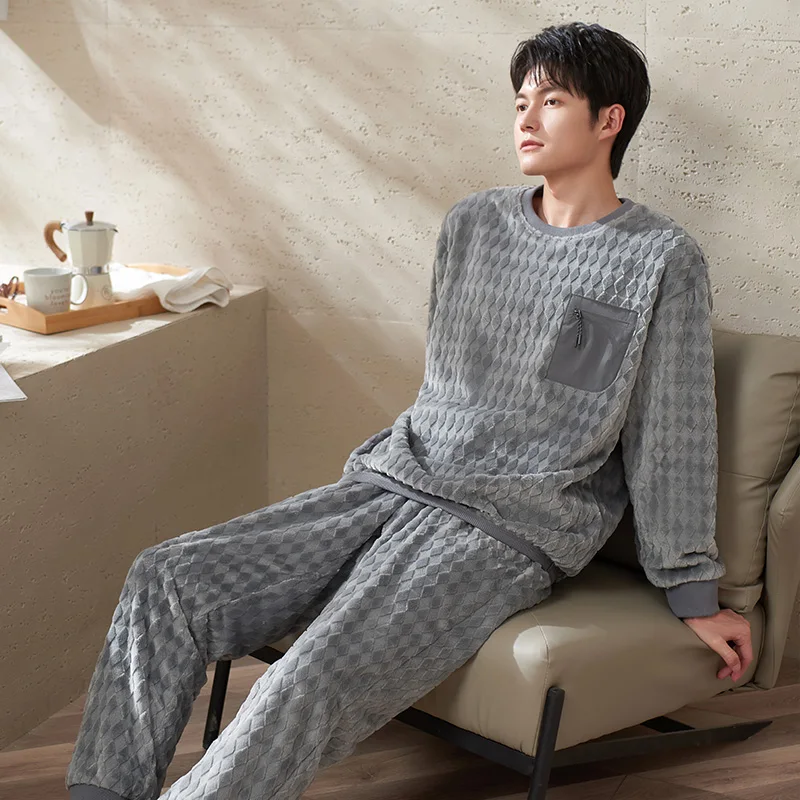 Thick Flannel Pyjamas Male Keep Warm Jacquard Velvet Round Neck Long-Sleeved Autumn And Winter Home Service Suit Pijamas Hombre