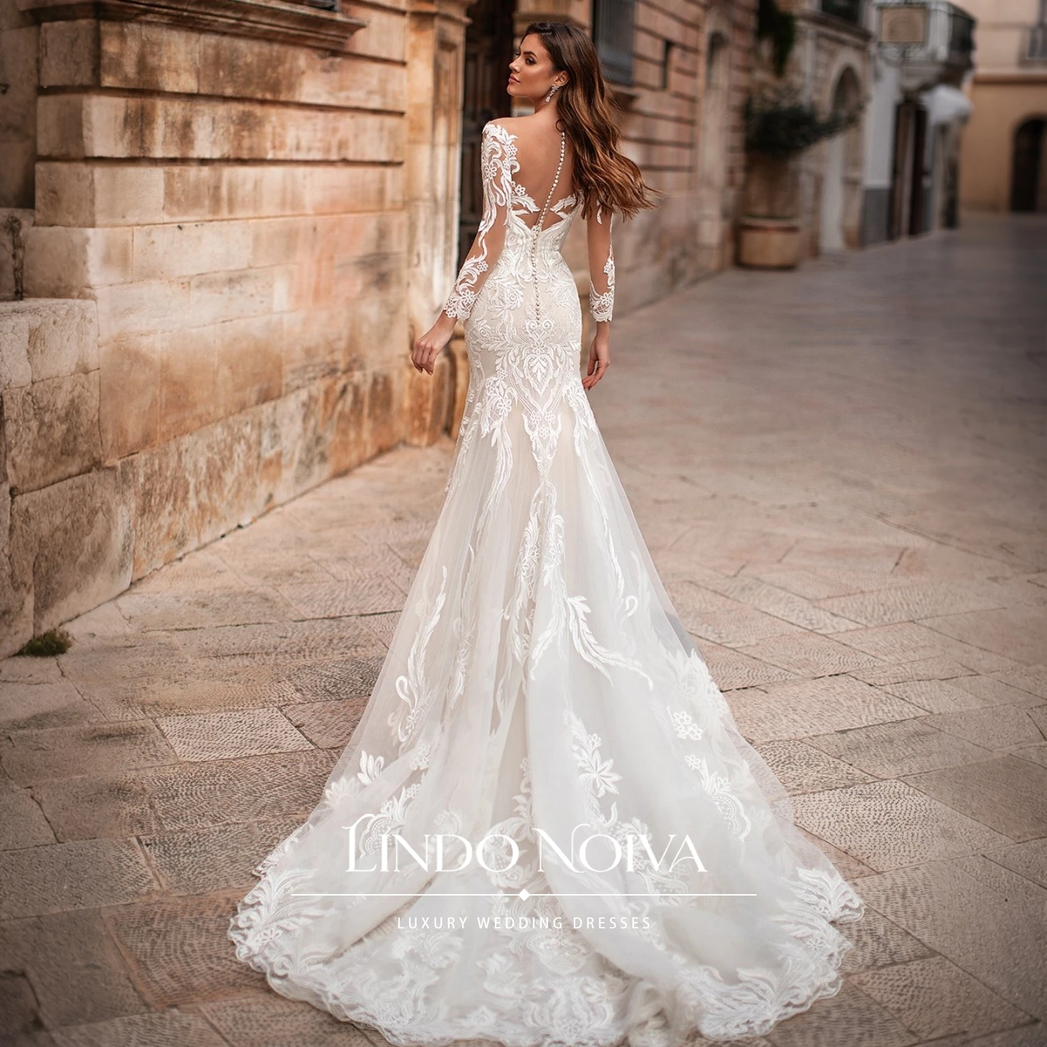 LINDO NOIVA Customized Mermaid V Neck Wedding Dress Illusion Bridal Gowns Vintage Lace Appliques Vestido De Novia