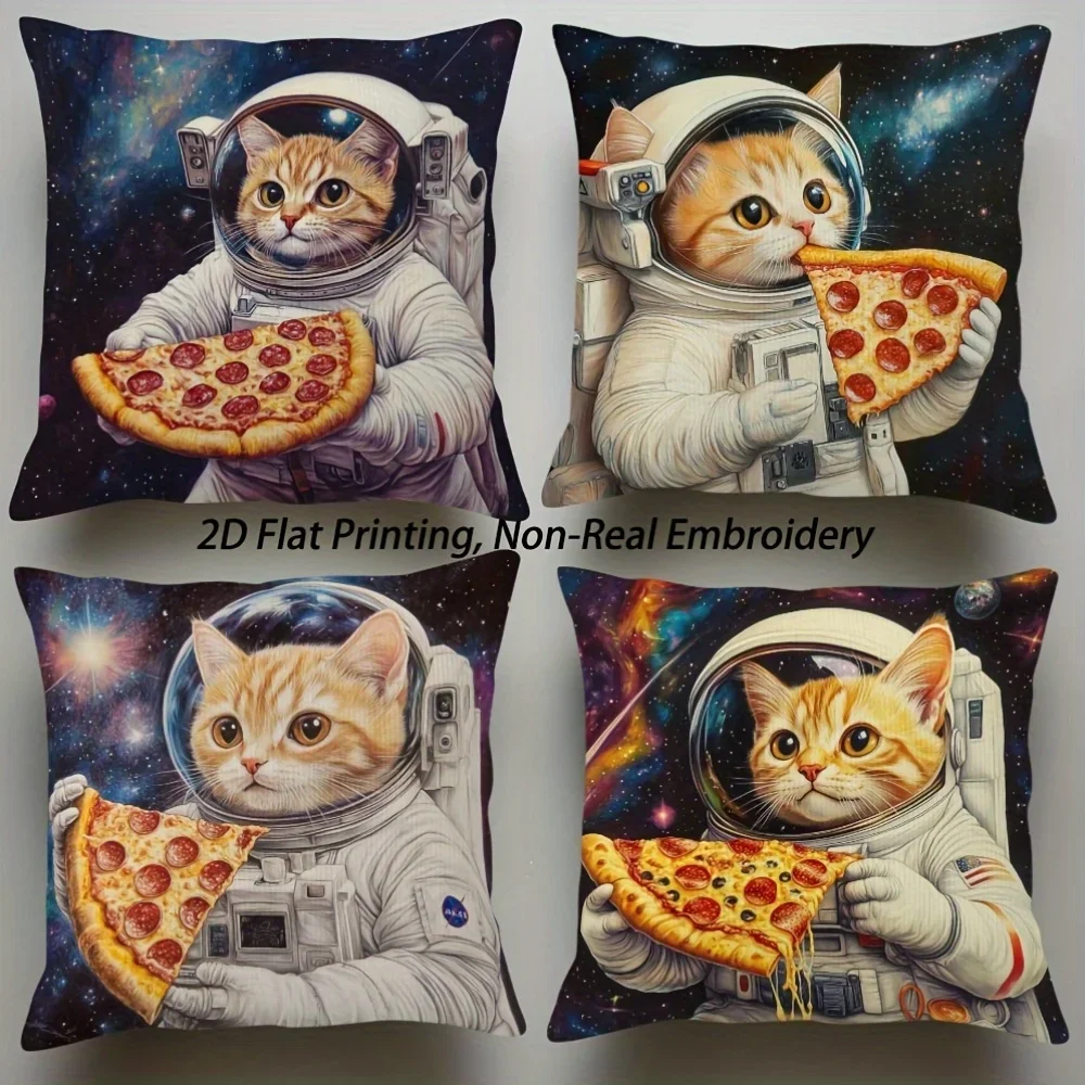 Set of 4 Throw Pillows Featuring Cute Cat Astronauts Holding Pizza Slices - Space Theme Decor
