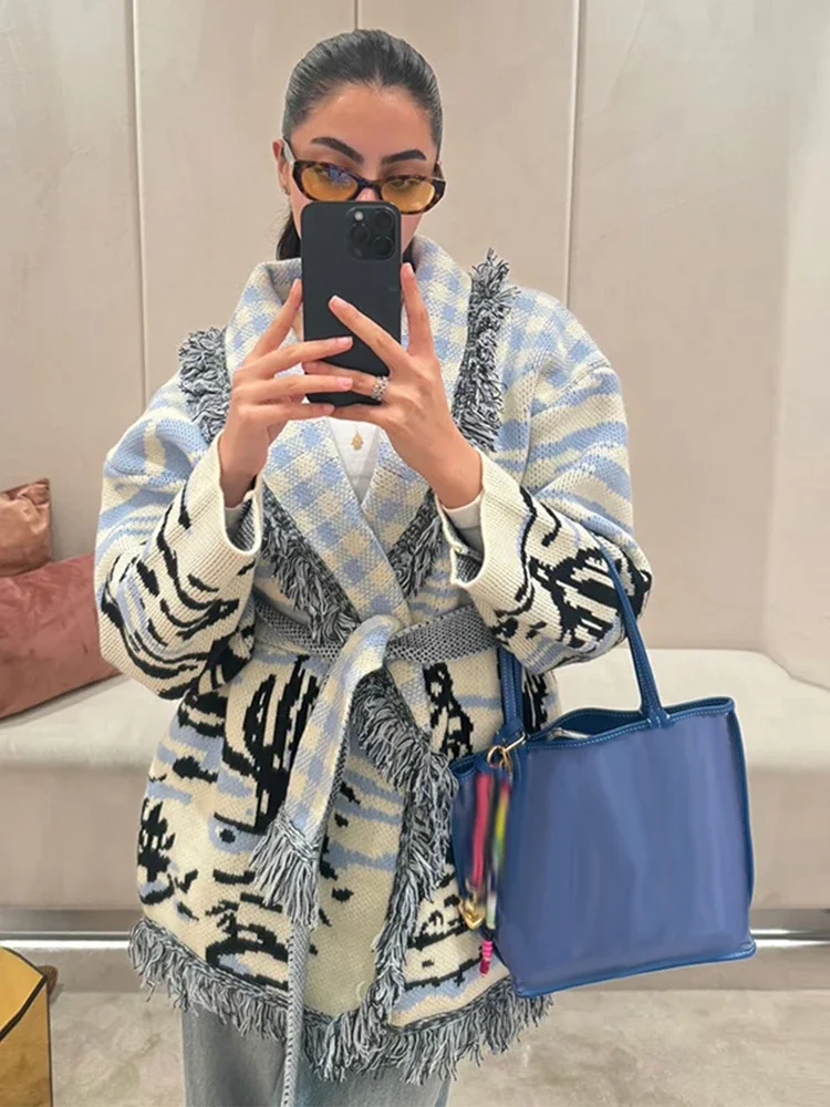 Print Knit Tassel Cardigan Women With Belt Blue V-neck Long Sleeve Lace Up Sweater Female 2026 Autumn Winter Chic Lady Knitwear
