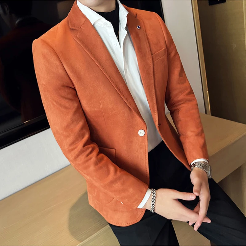 High Quality Suede Suit Jacket for Men Solid Color Casual Business Formal Blazers Slim Fit Wedding Groon Dress Coats M-4XL