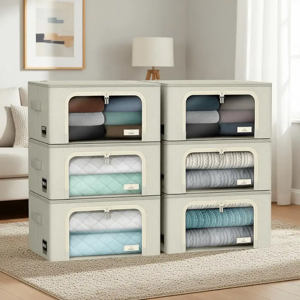 

Stackable Fabric Storage Bins with Clear View Window and Handles for Clothes and Linen Organization