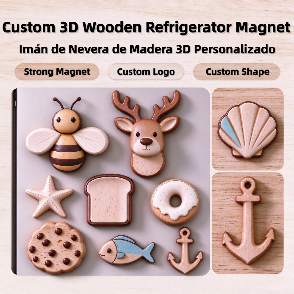 Custom 3D Wooden Refrigerator Magnet Handmade Wood Souvenir Decorative Fridge Magnet Best Selling Wooden Magnets