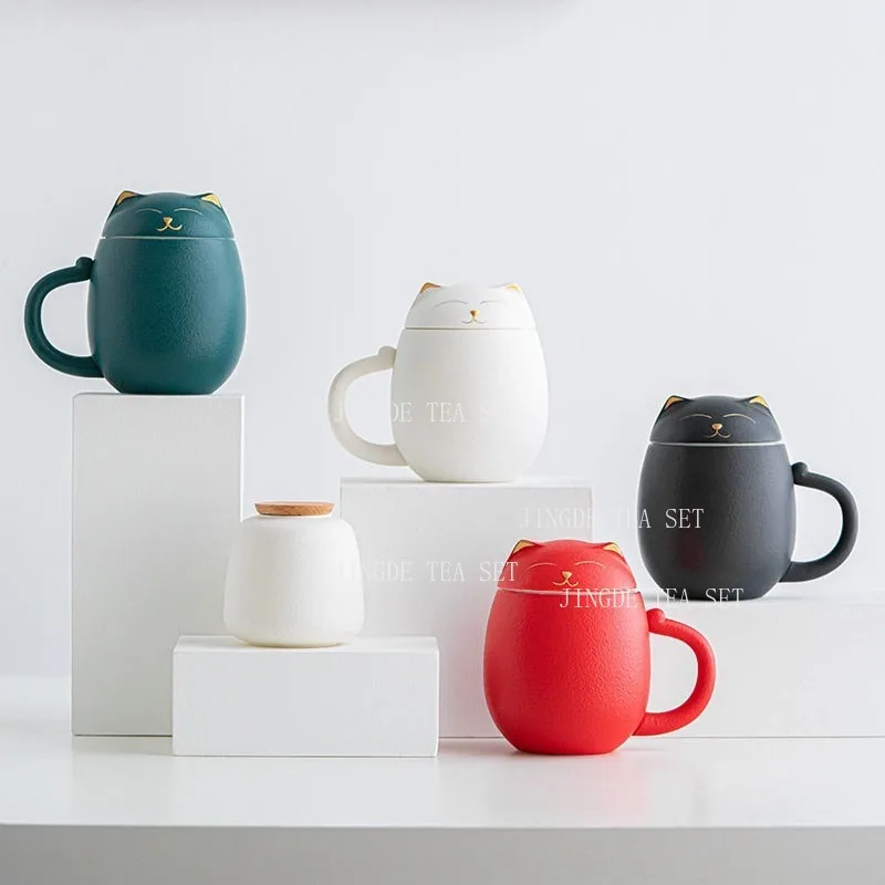350ml Cute Cat Ceramic Tea Mug With Cat Lid Tea Infuser Filter Cartoon Coffee Cup Portable Office Tea Separation Water Cup