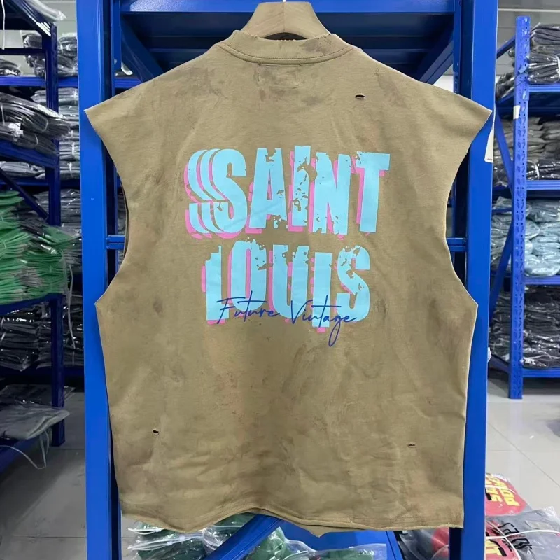 SAINT Vintage Sleeveless Tank Top Men Distressed Washed Retro Streetwear Vest Oversized Cutoff T-Shirt