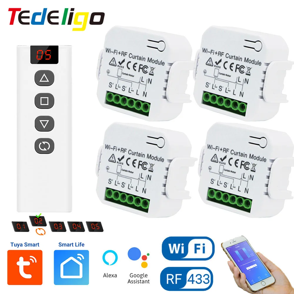 Tedeligo Tuya Smart WiFi RF Curtain Switch,Roller Shutter Blinds Garage Control Module and 5CH Remote,work with Alexa,110V 220V