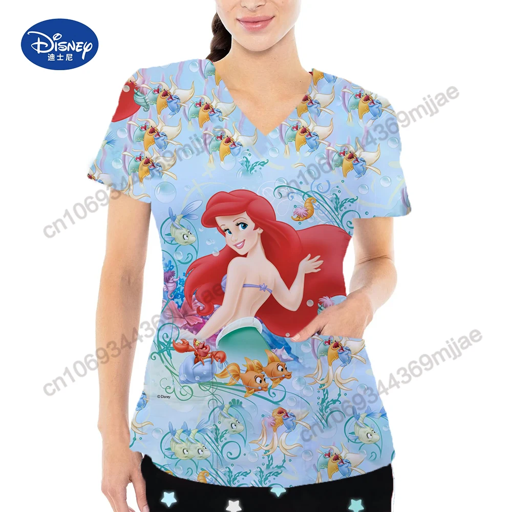 Uniforme d'infirmière à col en V pour femmes, t-shirt Disney, chemisier à la mode coréenne, t-shirt à poches pour femmes, Yk2, 2023